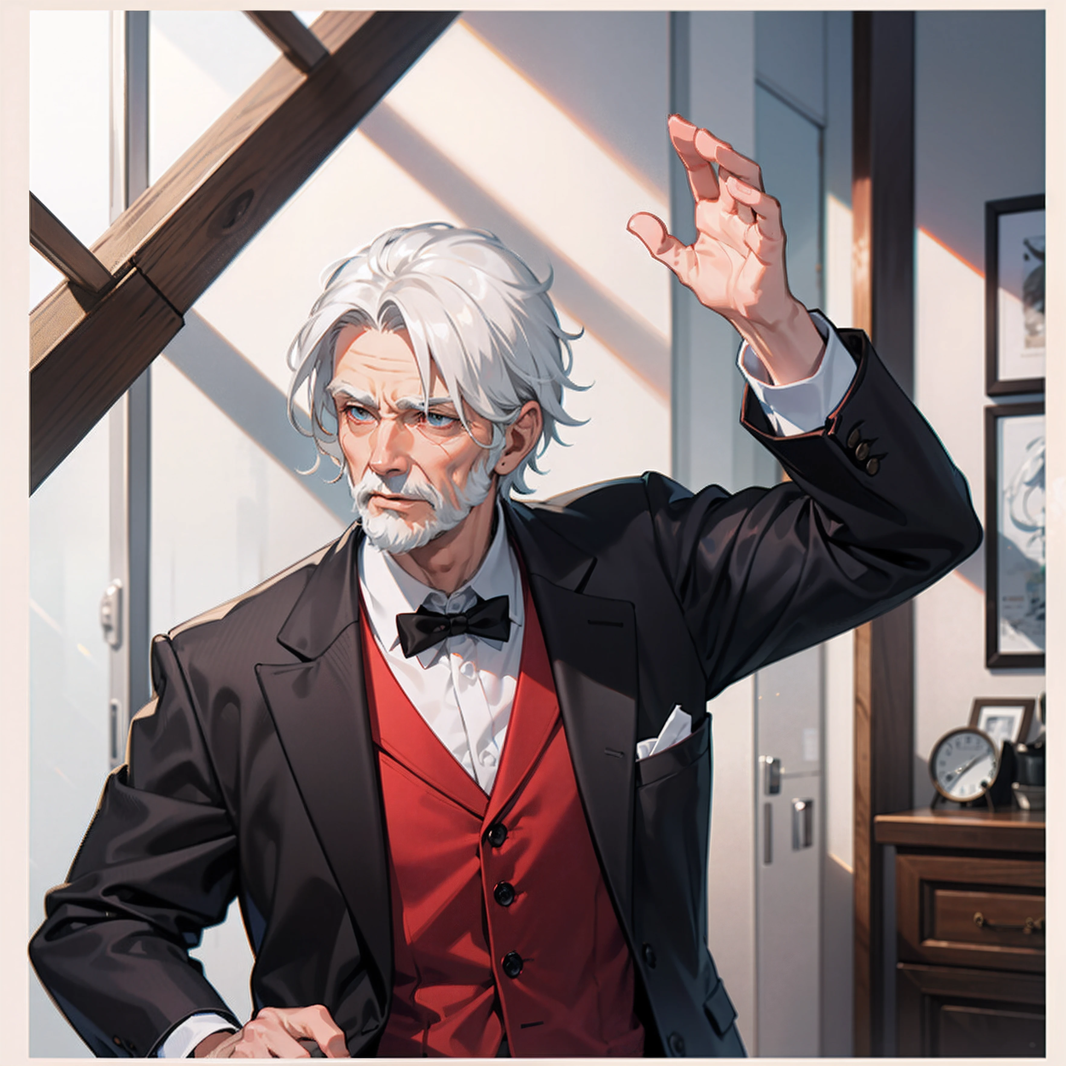An old man with white hair，Eyes wide，Jumpy