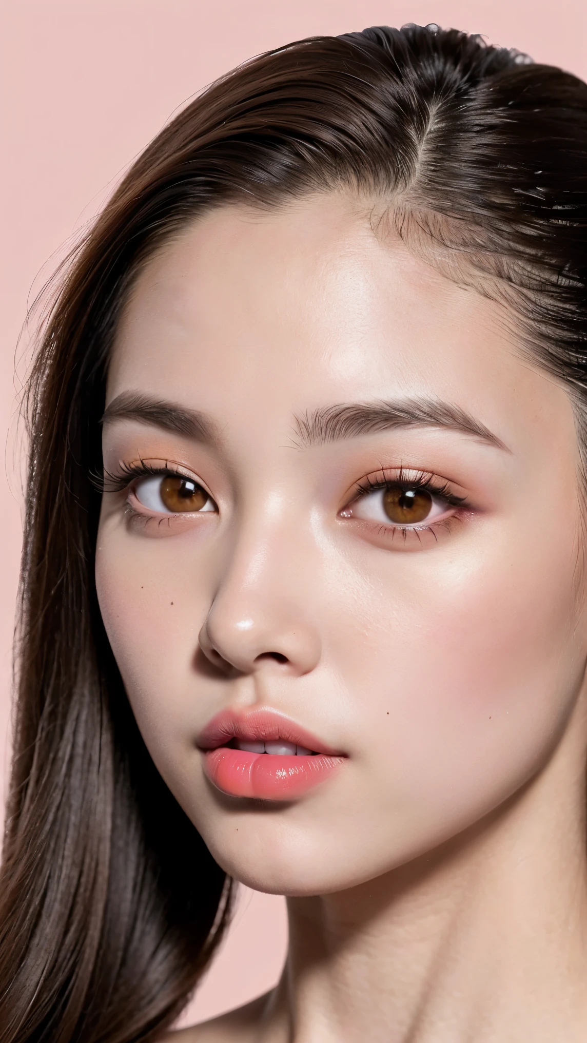 (1girl:1.35, 20-year-old), Realism, highest resolution, photorealistic, (highest quality realistic texture skin), ((highest quality realistic texture brown hair, ((slicked to the side)), incredibly intricate detail:1.35)), ((perfect proportions)), ((anatomically correct), very small round head:1.4), ((firm and full breasts:1.2)), (the most absurd quality perfect eyes), ((natural super beautiful cute sharp-face)), (light pale complexion), ((clear no blur and sharp perfect round realistic brown_eyes:1.25)super detail), finely detailed pupils, detailed lips:1.3, (pink_lipstick:1.4), realistic dull skin noise, visible skin detail, skin fuzz, dry skin, (blush:0.5), (Goosebumps:0.5), Subsurface scattering