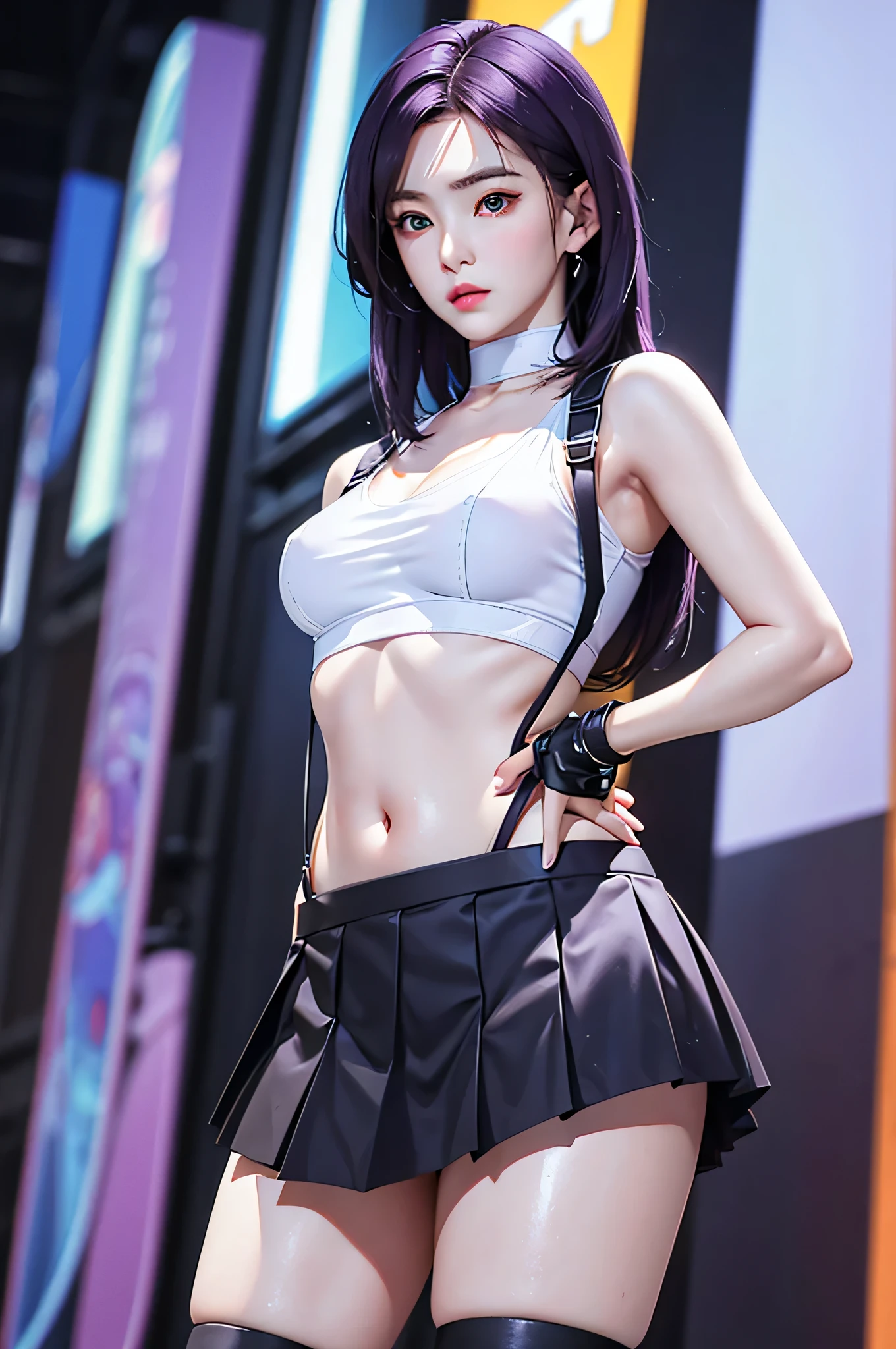 (Finest quality)),(A high resolution),(ultra-detailed art),(Meticulous portrayal),((Best Anime)),(Finest works of art),sharpness,Clear,Ultra-Precision Art,The art of astounding depiction,(masterpiece),
short Hair, purple hair, vibrant purple hair, extremely detailed hair, detailed bangs, with bangs, shoulder-length hair only,
pretty face, beautiful lips, soft lips,pretty face, close up face,serious face, pretty nose, beautiful nose,
pretty eyes, beautiful eyes, detailed eyes, perfect eyes, green eyes,
clear skin,white skin, soft skin, small bust, smooth skin,
korean girl, korean beauty, irene, red velvet irene,
tifa lockhart short hair,white crop top, suspenders, pleated miniskirt, black thighhighs, arm guards, elbow gloves, fingerless gloves,
standing, cool pose, full body, whole body,show navel, show neck,
super low-angle shot, no background,looking at camera,