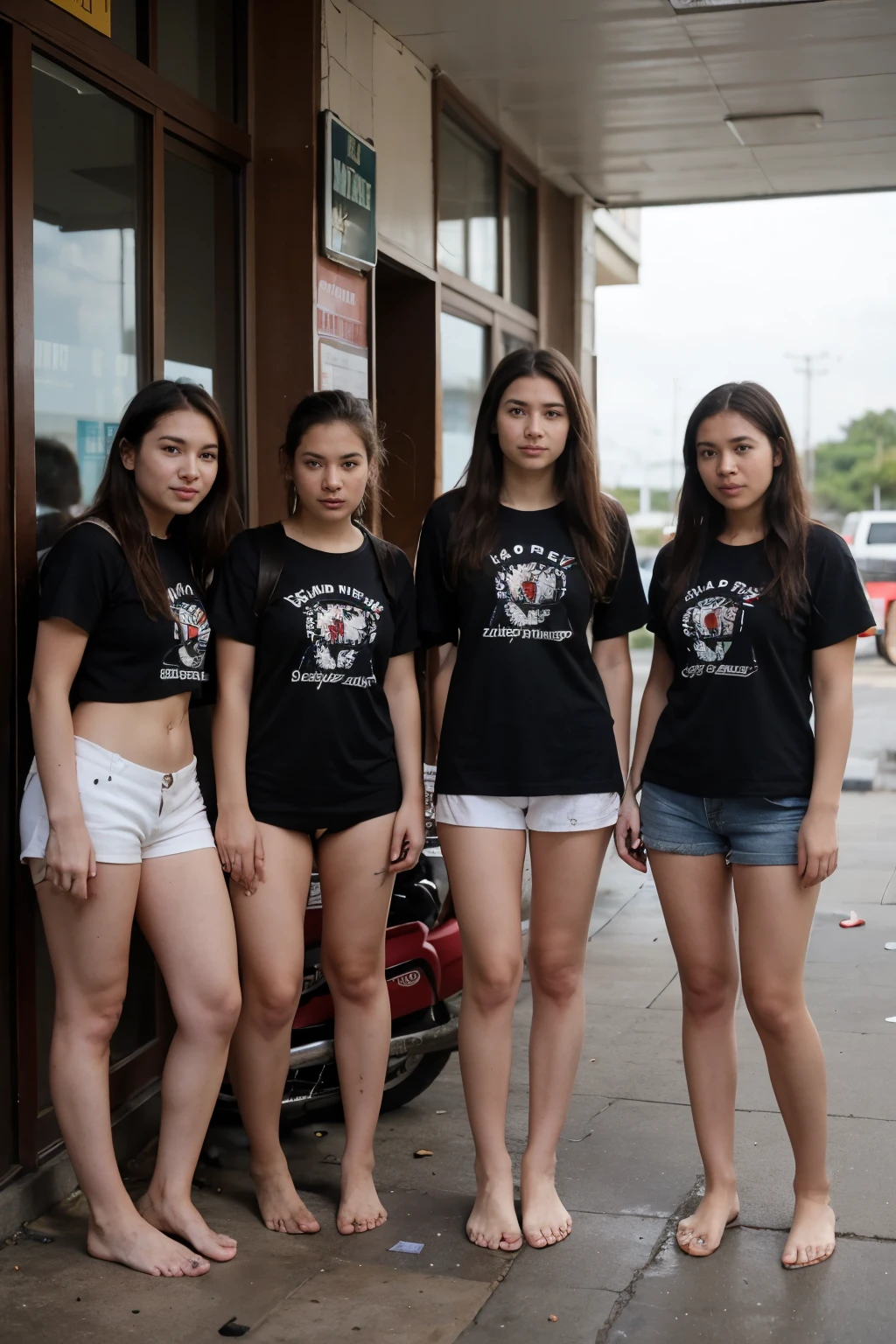four young women in t-shirts and stand with their backpacks at the reception of their hostel on koh samui after a violent fall from their motorbike, abrasions on the legs and arms, insbesondere an den zehen, knien, Hands, ellbogen und den schultern