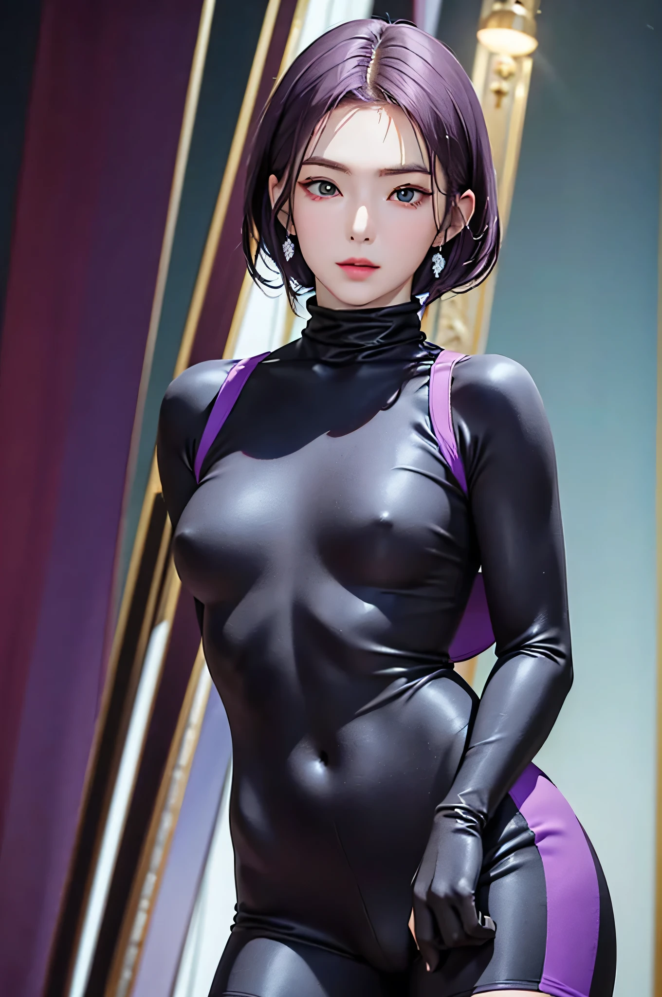 (Finest quality)),(A high resolution),(ultra-detailed art),(Meticulous portrayal),((Best Anime)),(Finest works of art),sharpness,Clear,Ultra-Precision Art,The art of astounding depiction,((female ninja)),(masterpiece),
earings,
short Hair, purple hair, vibrant purple hair, extremely detailed hair, detailed bangs, with bangs, shoulder-length hair only,
pretty face, beautiful lips, soft lips,pretty face, close up face,serious face, pretty nose, beautiful nose,
pretty eyes, beautiful eyes, detailed eyes, perfect eyes, green eyes,
happy face, jolly face, perfect smile,
clear skin,white skin, soft skin, small bust, smooth skin,
korean girl, korean beauty, irene, red velvet irene,
ninja, female ninja, ninja clothing, detailed ninja clothing, ninja armor, ninja suit, turtle neck, short sleeves, arm sleeves, expose upper arm, dark shorts, cycling shorts, safety shorts, gloves,
looking at camera,
standing, cool pose, hide breasts, full body, whole body,show navel,
super low-angle shot, looking down, no background,looking at camera,
detailed skin, slim body,