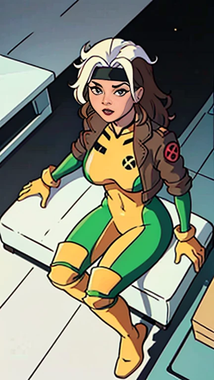 CARTOON_X_MENs_Rogue,ownwaifu,
long hair,breasts,brown hair,green eyes,lipstick,makeup,lips,white hair,two-tone hair,headband,wavy hair,large breasts,messy hair,curly hair,big_hair, skin tight body suit, 1girl, solo, looking at viewer, full body, (masterpiece:1.1), (best quality,:1.1), (high quality:1.1), in x-men school, living room, sitting on sofa, cartoon style , under view , cameltoe 