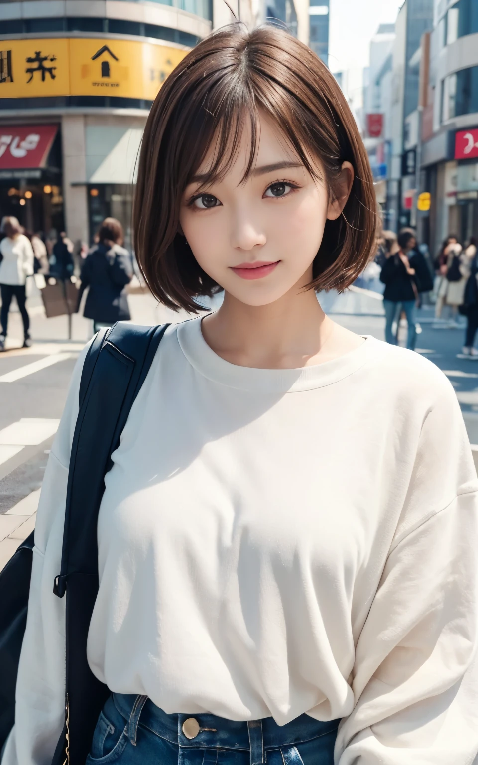 Cute 21 year old Japanese、city、shopping、Super detailed face、Pay attention to the details、double eyelid、Beautiful thin nose、Sharp focus:1.2、Beautiful woman:1.4、(Light brown hair,short hair、),Pure white skin、highest quality、masterpiece、Ultra-high resolution、(Photorealistic:1.4)、Highly detailed and professional lighting、nice smile、Show your whole body、Cute autumn clothes、