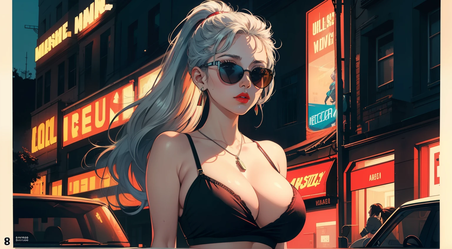 ((masterpiece)), (UHD, retina, masterpiece, accurate, anatomically correct, textured skin, ultra detailed, high detail, high quality, best quality, high resolution, 1080P, HD, 4K, 8k, 16k), (magazine:1.3), (cover-style:1.3), (80's, retro:1.5),anime texture, illustration,Pop art, perfect face,30 years old woman, (Thin Sharp Eyebrows 1.9),(arched eyebrows),super model girl, black sunglasses, long wavy hair, silver hair, alone, ponytail,(big breasts: 1.3), cleavage, red lips, black camisole, mini skirt,Jewelry, Necklace, Earrings, (upper Body),cabaret,Neon Light,evening,((closed mouth)) ,street,look away