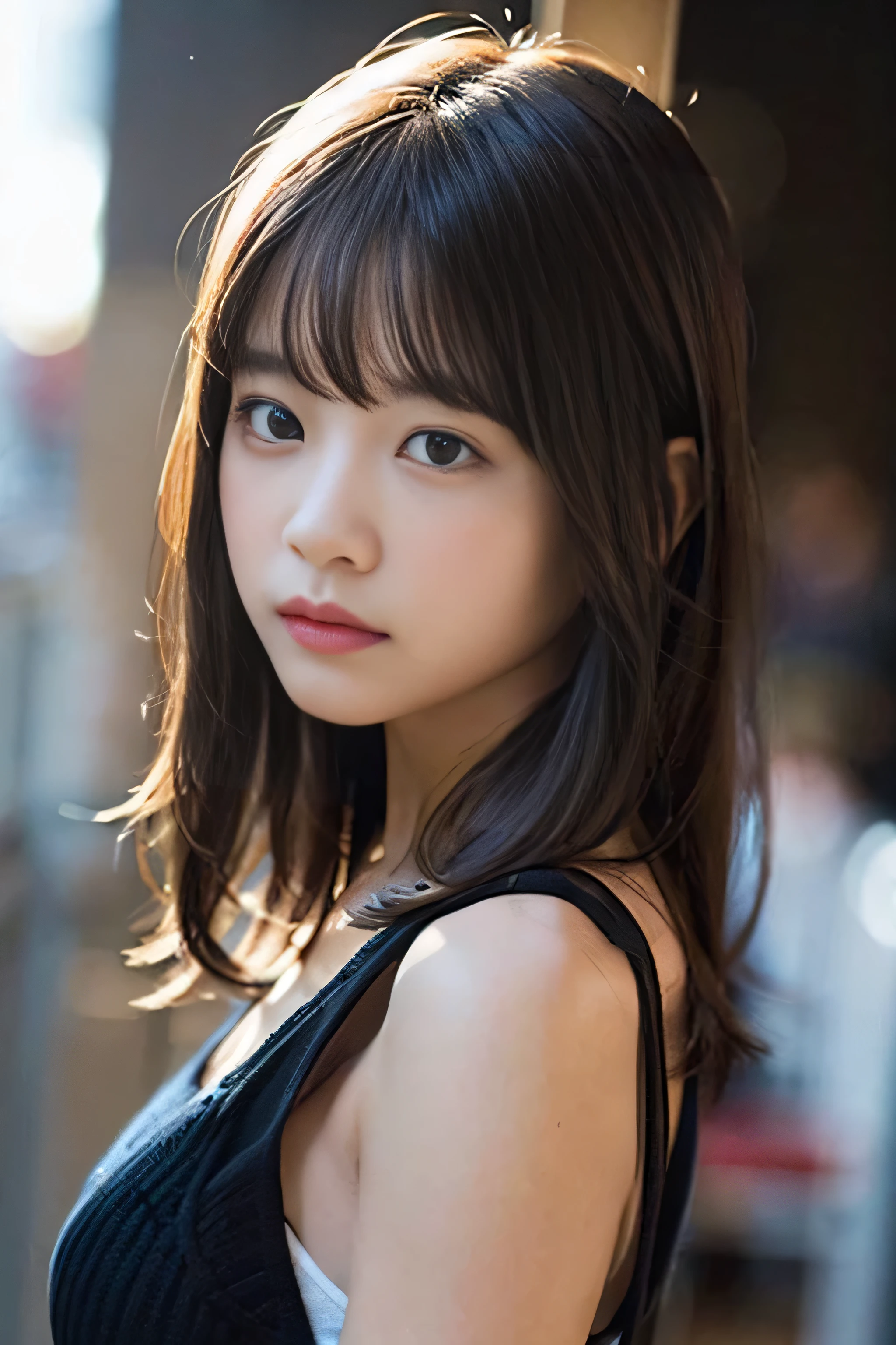 (8k、RAW Photos、Top Class Star Piece:1.2)、(Genuine、Photo Genuine:1.37)、Super Fine、Ultra-high resolution、girl、1 person、Gazing Eyes、Beautiful face even in the contours、thin、(thin black waist):1.3)、Fine and beautiful skin、Skin Texture、Fluttering Hair、Professional Lighting、human body、Large breasts、Plain grey background、Expressionless、Sad expression、high school girl、Japanese High 、