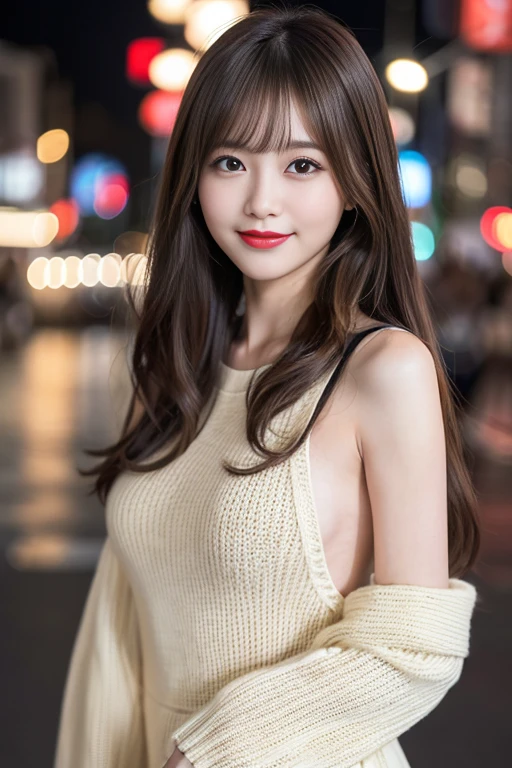 masterpiece、1 beautiful girl、Detailed eyes、Puffy eyes、Highest quality, 超High resolution, (reality: 1.4), Cinema Lighting、Japanese、Asian Beauty、Super Beauty、Beautiful Skin、thin、Body facing forward、(Surreal)、(High resolution)、(8k)、(Very detailed)、(Beautiful and detailed)、(Very detailedな)、 (wall-)、Detailed face、Bright lighting、Professional Lighting、View your viewers、Look straight ahead、(The costume is a knit dress)、Long Hair, My hair is messy, Asymmetrical bangs, 、Night view、Brown Hair、Japanese Idols、Korean Idol、Burning idol pose、21 years old、expensive, smile, erotic、sexy、左目の斜め下外側にsexyほくろ