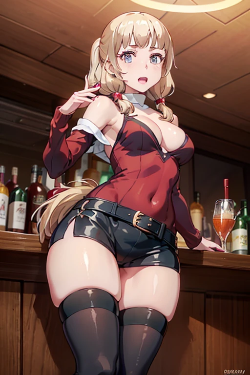 (from below:1.2),(from front:0.9), ((Face)), (Close-Up:0.4), masterpiece,"A 26-year-old girl stands at a bar counter. She is dressed in a stylish off-shoulder dress, sweater dress, off-shoulder sweater, red sweater,garter stocking, cleavage:1.1, midriff, black shorts, black thighhighs, thigh strap, pretty girl, (highly detailed beautiful face and eyes,firm breasts),real skin,((black,hair,long pony tail hair)),thin pubic hair,cute and lovely pose, detailed eyes, This masterpiece is only visually stunning but also tells,(double breasted:0.6,under bust:0.6),(with sparkling eyes and a contagious smile),open mouth, The bar is beautiful, with colorful bottles of alcohol in the background and a soft glow from neon lights. The atmosphere is relaxed, and the girl looks confident and fashionable.",full body, sexy pose,make a cocktail , in a bar counter, Looking at Viewer,
