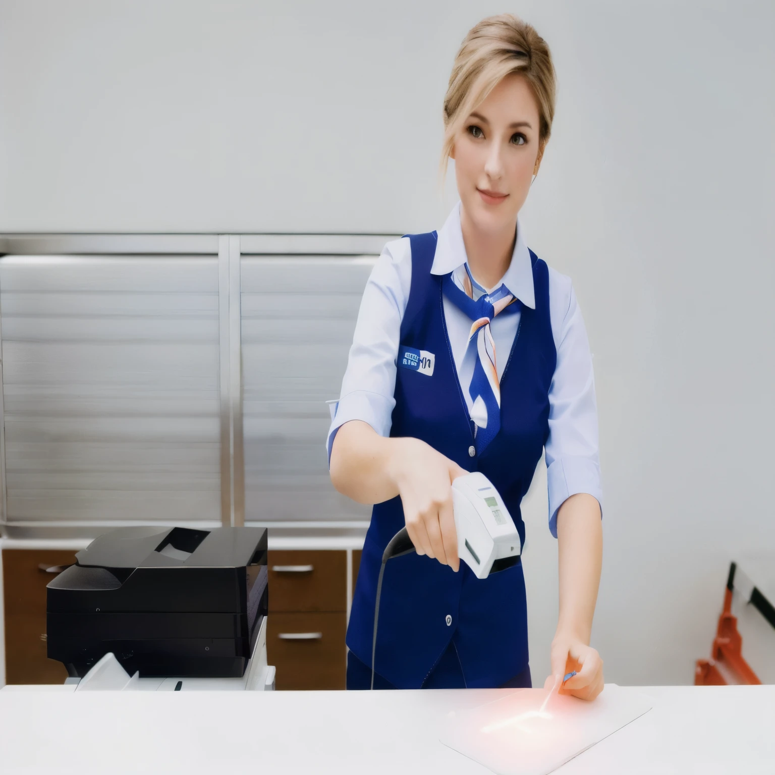 woman in a blue vest and tie using a barcode scanner scans a barcode with a lot of light,