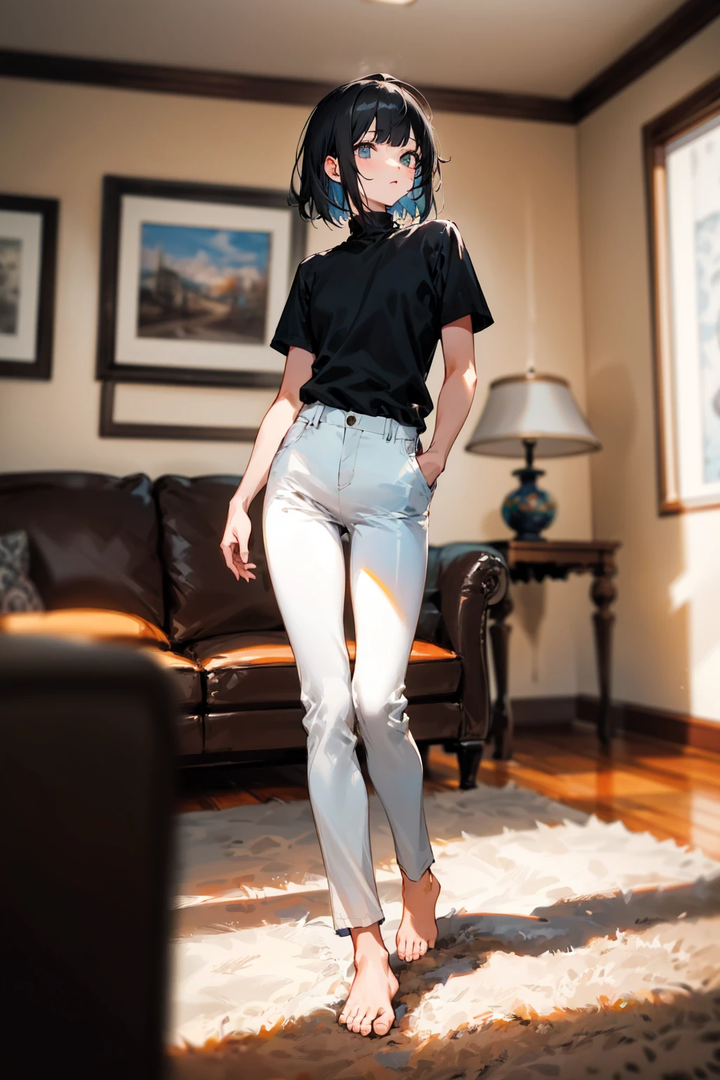(masterpiece, best quality), highly detailed, highres, 1girl, short black hair, black shirt, short sleeves, turtleneck, skinny pants, white pants, bare feet, standing, living room, blurry foreground