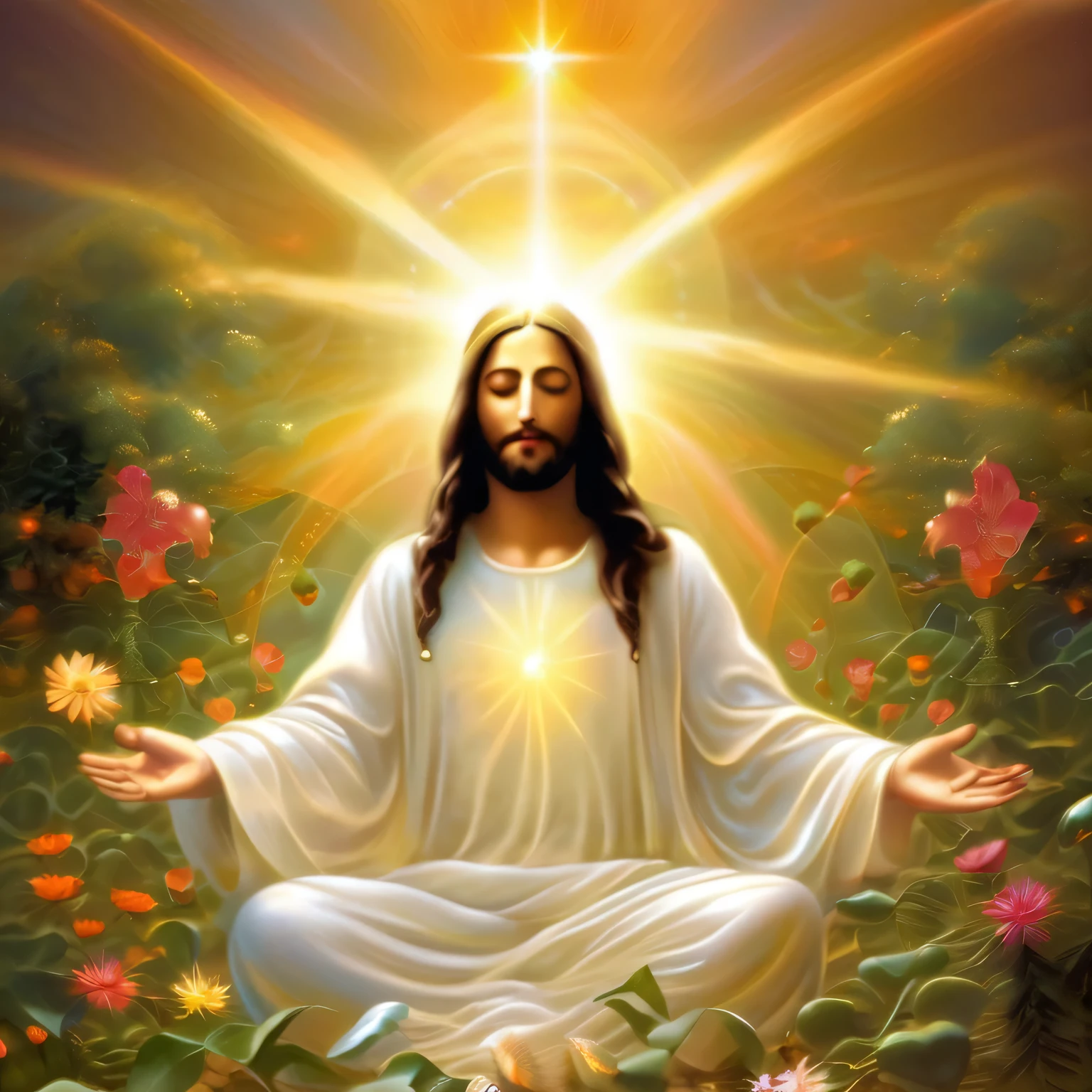 (Jesus orando,religioso,best quality,luz santa:1.2,peaceful,Espiritual,humilde:0.9),Cores quentes,energia divina,sereno,blessed souls,loyal followers,Symbolic gestures,aura celestial,Divine connection,Atmosfera harmoniosa,Ethereal,Pure devotion,Edificante,ambiente meditativo,Luminous Presence,Transcendental experience,Jornada EEspiritual,Sacred silence,energia de cura,soulful expression,contemplation,Divine Guidance,momento sagrado,serenidade,Faith and hope,ambiente tranquilo,eSpiritual Enlightenment,posturas graciosas,Devotional Practice,comportamento orante,amor divino,Luz milagrosa,divine intervention,Supreme Devotion,puro e radiante,amor incondicional,almas piedosas,Despertar EEspiritual,Eternal Bliss