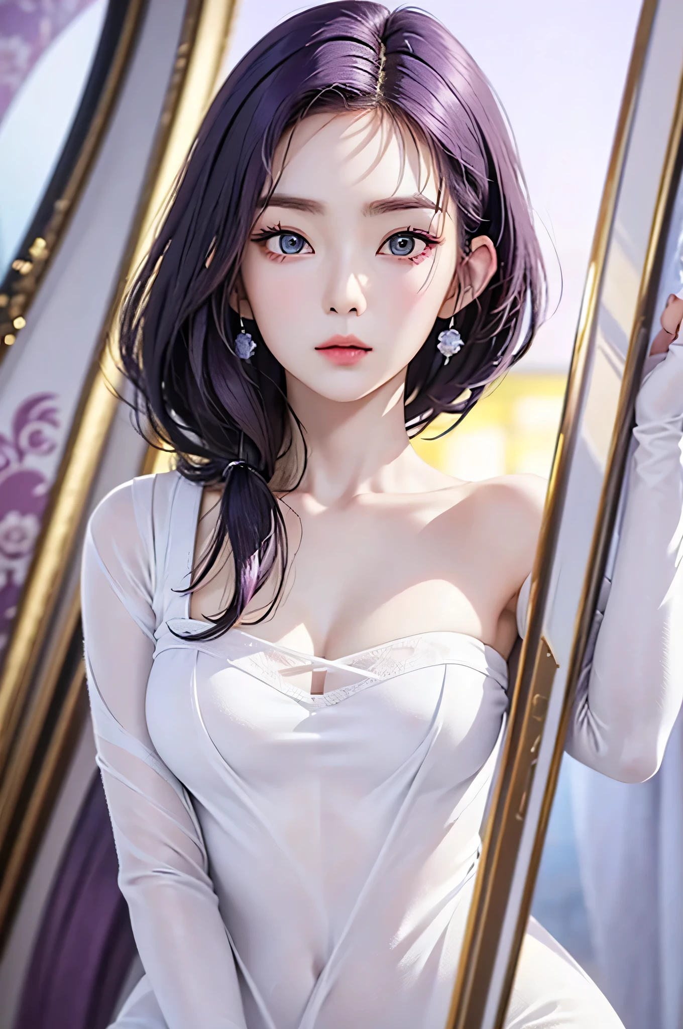 (Finest quality)),(A high resolution),(ultra-detailed art),(Meticulous portrayal),((Best Anime)),(Finest works of art),sharpness,Clear,Ultra-Precision Art,The art of astounding depiction,((female ninja)),
earings,
short Hair, purple hair, vibrant purple hair, extremely detailed hair, detailed bangs, with bangs, shoulder-length hair only, gray headband,
pretty face, beautiful lips, soft lips,pretty face, close up face,serious face, pretty nose, beautiful nose,
pretty eyes, beautiful eyes, detailed eyes, perfect eyes, green eyes,
clear skin,white skin, soft skin, small bust,
korean girl, korean beauty, irene, red velvet irene,
ninja, female ninja, ninja clothing, detailed ninja clothing,
looking at camera,
standing, cool pose, fullbody picture, capture whole body,hide breasts,
super low-angle shot, looking down, no background,looking at camera,