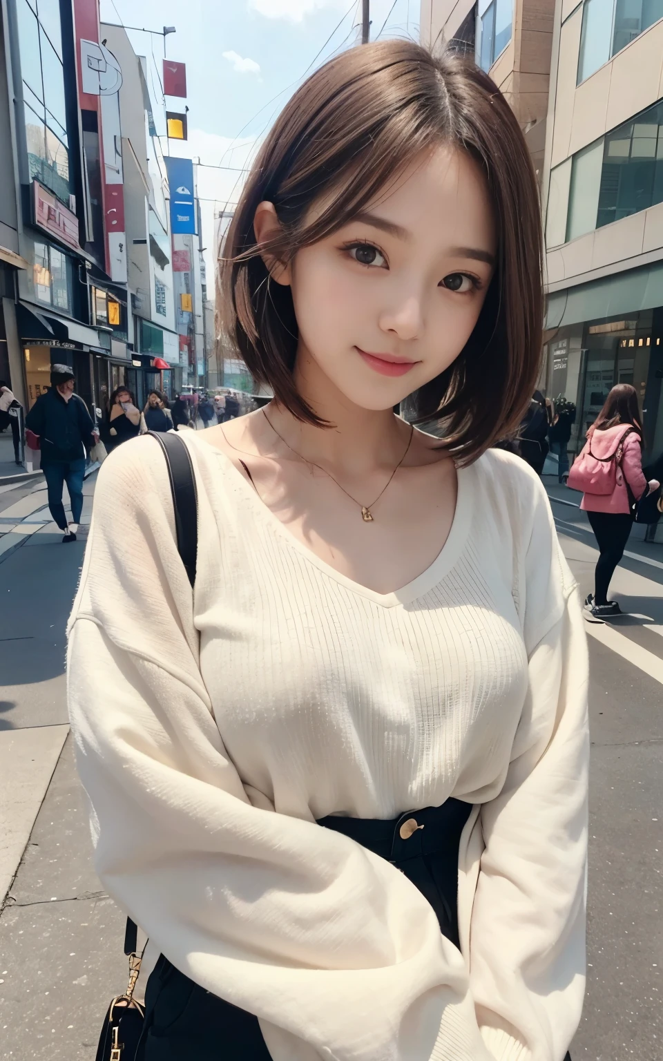 Cute 21 year old Japanese、city、shopping、Super detailed face、Pay attention to the details、double eyelid、Beautiful thin nose、Sharp focus:1.2、Beautiful woman:1.4、(Light brown hair,short hair、),Pure white skin、highest quality、masterpiece、Ultra-high resolution、(Photorealistic:1.4)、Highly detailed and professional lighting、nice smile、Show your whole body、Cute autumn clothes、