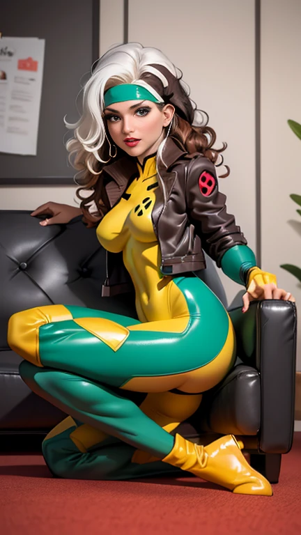 CARTOON_X_MENs_Rogue,ownwaifu,
long hair,breasts,brown hair,green eyes,lipstick,makeup,lips,white hair,two-tone hair,headband,wavy hair,large breasts,messy hair,curly hair,big_hair, latex bodysuit, 1girl, solo, looking at viewer, full body, (masterpiece:1.1), (best quality,:1.1), (high quality:1.1), in x-men school, living room, sitting on sofa, cartoon style , front view, cameltoe 