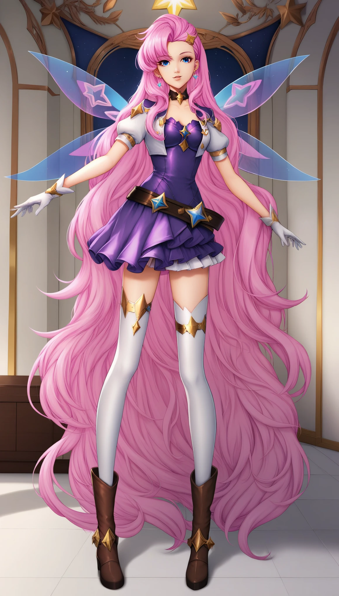 SeraphineLoLXL, blue eyes, pink hair, bangs, hair ornament, very long hair, shiny hair, star (symbol), earrings, medium breasts, chocker, white jacket, puffy short sleeves, purple dress, wings, white gloves, skirt, belt, white thighhighs, brown boots, solo, standing, looking at viewer, indoors