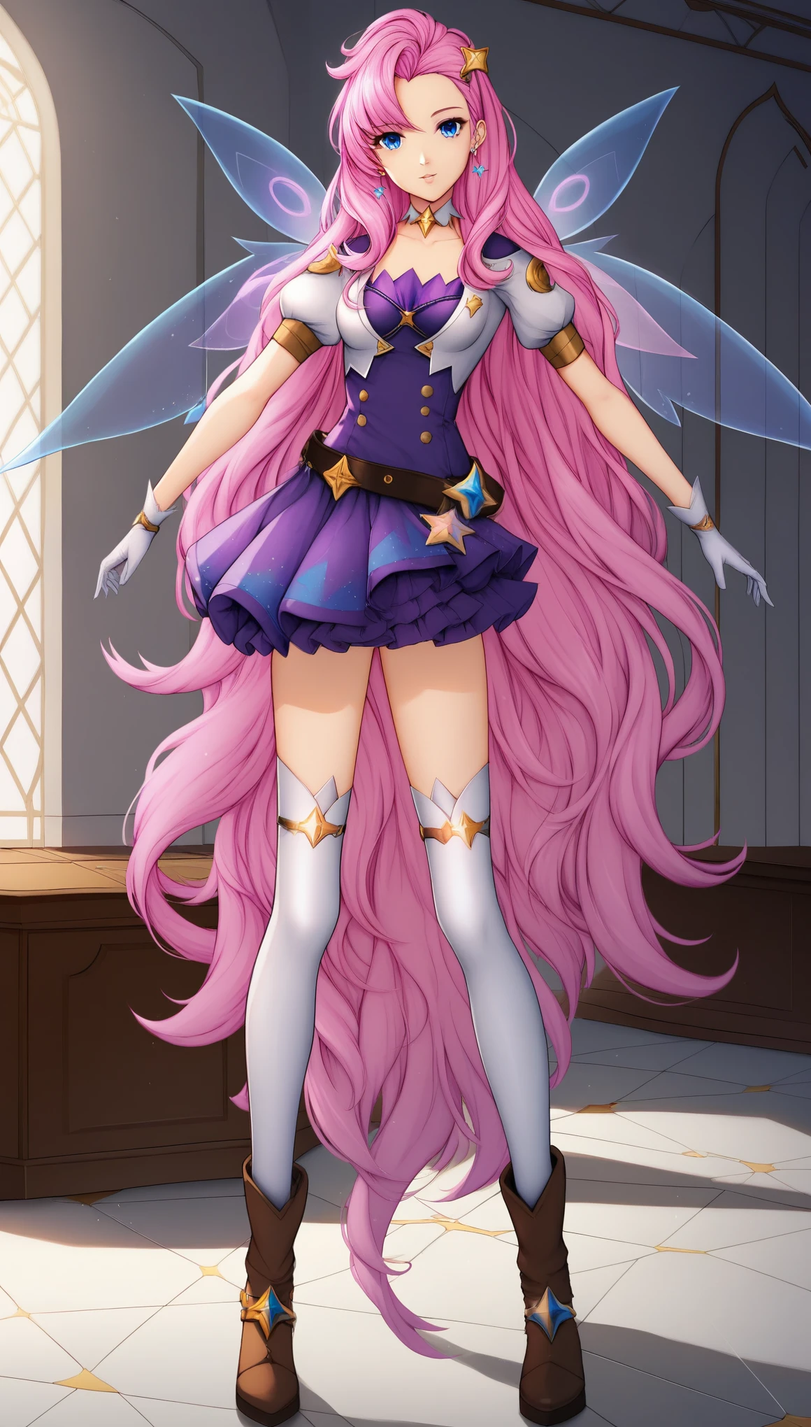 SeraphineLoLXL, blue eyes, pink hair, bangs, hair ornament, very long hair, shiny hair, star (symbol), earrings, medium breasts, chocker, white jacket, puffy short sleeves, purple dress, wings, white gloves, skirt, belt, white thighhighs, brown boots, solo, standing, looking at viewer, indoors