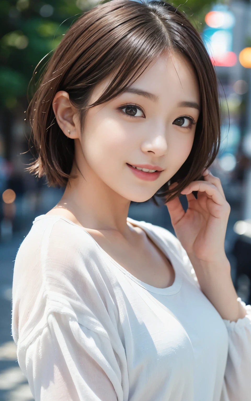 Cute 21 year old Japanese、city、shopping、Super detailed face、Pay attention to the details、double eyelid、Beautiful thin nose、Sharp focus:1.2、Beautiful woman:1.4、(Light brown hair,short hair、),Pure white skin、highest quality、masterpiece、Ultra-high resolution、(Photorealistic:1.4)、Highly detailed and professional lighting、nice smile、Show your whole body、Cute clothes、