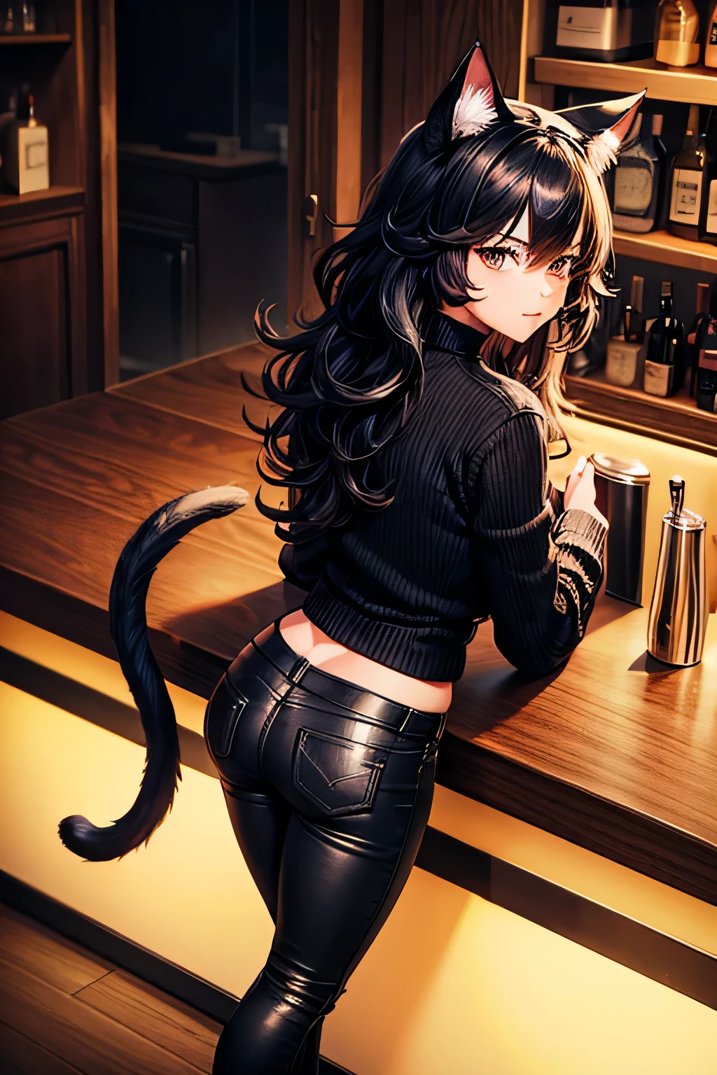 Background of a bar counter, high perspective, black fluffy hair, cat ears and tail, looking back, black jeans, black turtleneck sweater, leaning on counter, full body, dim lights