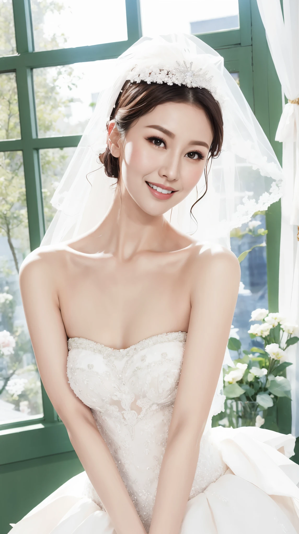 Fashion model 25 years old [[[[close up]]]], [[[[neck]]]], [[[[Shoulder]]]], Perfect eyes, Perfect iris，Perfect lips，Perfect Teeth，Perfect skin，White skin，Soft headlight，High-density imaging review，（Face is clear and delicate），((White Bride Wedding Dress))，((Smile))，((Background is indoor))，((There are green trees and flowers outside the window))，best quality，masterpiece，（Soft colors：1.2)