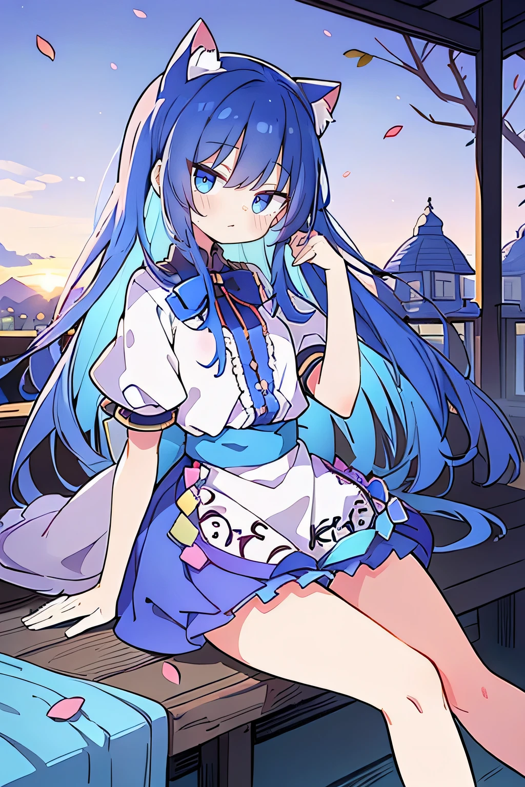 (masterpiece:1.2),Super detailed,Practical,expressive eyes,Fair skin,Perfect face shaping,1 Girl,
Japanese cartoons,Gorgeous blue hair, the long flowing blue hair,Floating clothes,Cat ears,Petals falling,beautiful lola,Young Angel,
Hands on waist,sit elegantly on the ground,Cross your legs,Gentle and peaceful background,Cool and cozy pavilion,Sunset,