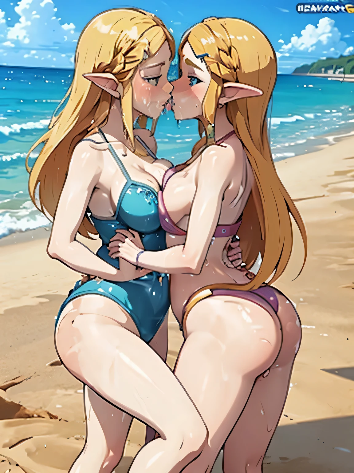 two princess zeldas kissing each other, on beach, in swimsuits, big breasts, big butt, beachside view, wet