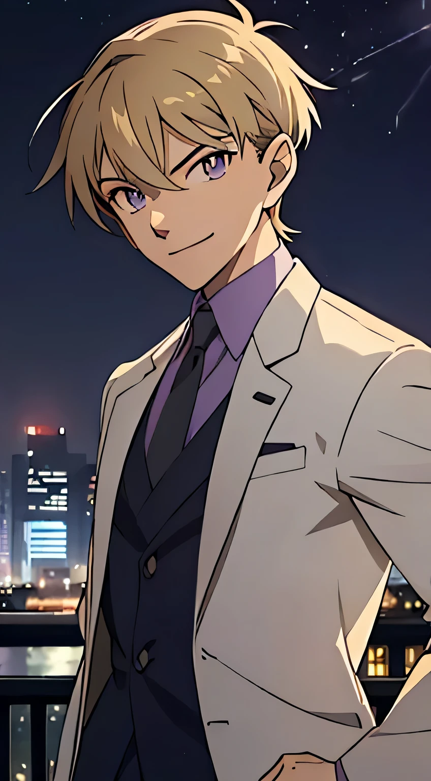 Best picture quality, 8K, high quality, masterpiece:1.2), ((masterpiece)), (high detail, high quality, best picture quality), (absurd、High resolution、super detailed)、masterpiece、the highest quality、male 、solo、Handsome、short hair、blonde hair、purple eyes、fine eyes and detailed face、in detective outfit、true shadow、joy、connect ears、Upper body、blur the background、smile, nighttime, night city in background
