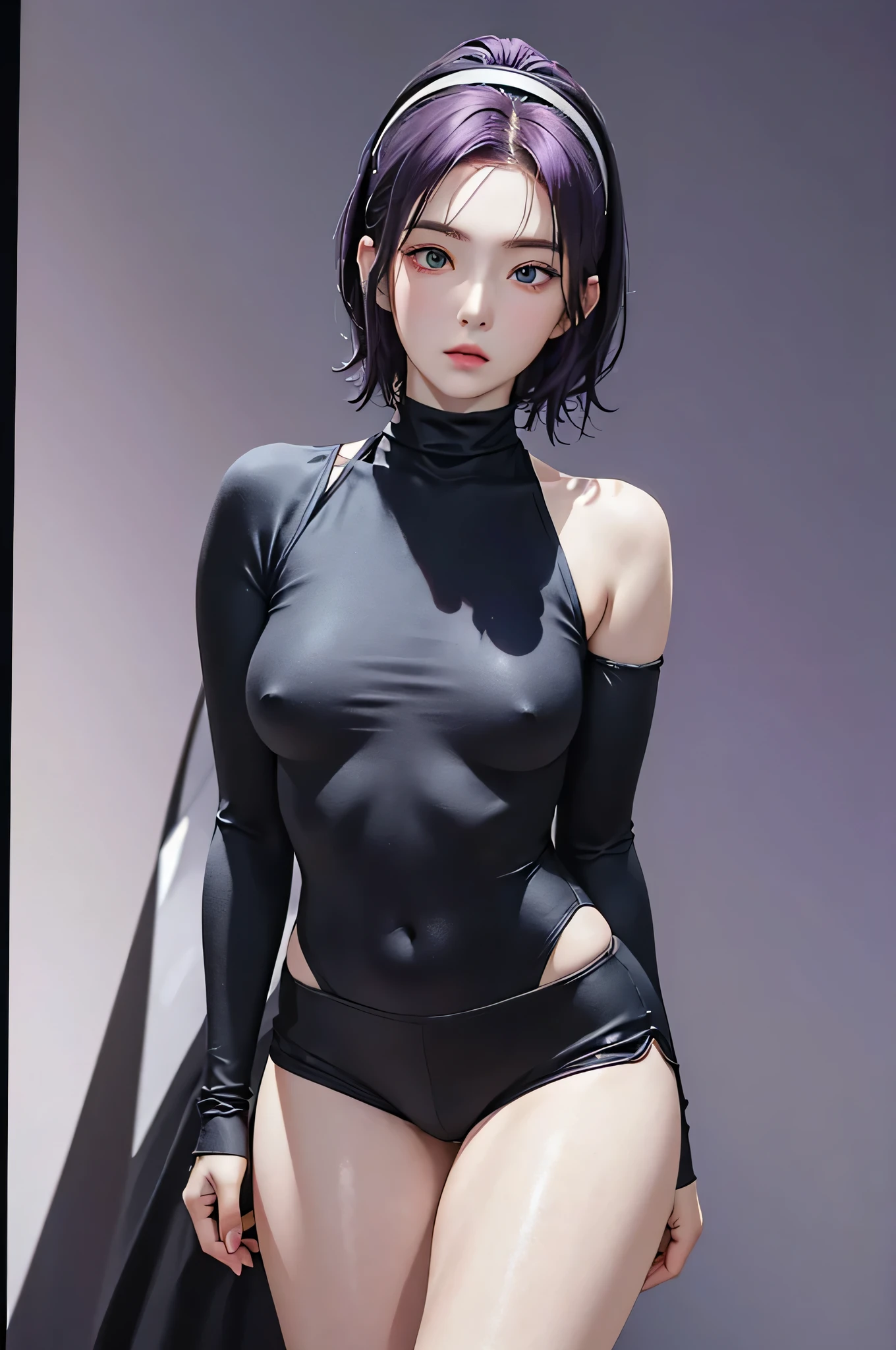 (Finest quality)),(A high resolution),(ultra-detailled art),(Meticulous portrayal),((Best Anime)),(Finest works of art),sharpness,Clear,Ultra-Precision Art,The art of astounding depiction, (Female Ninja in the Dark:1.3),
short Hair, purple hair, vibrant purple hair, extremely detailed hair, detailed bangs, with bangs, short hair only,
pretty face, beautiful lips, soft lips,pretty face, close up face,serious face, pretty nose, beautiful nose,
pretty eyes, beautiful eyes, detailed eyes, perfect eyes, green eyes,
korean girl, korean beauty, irene, red velvet irene,
clear skin, clear skin, white skin, soft skin, slim body, small breasts, detailed skin, detailed thighs, show navel, detailed arms,
Ninja clothing, Ninja outfit, gray cycling shorts, gray halter top turtle neck, detailed halter top turtleneck, thick halter top turtle neck, black arm sleeves, detailed sleeves, cover breasts, cover neck,
looking at camera,
gray shorts, detailed gray shorts, foreheadband,
standing,
super low-angle shot, looking down,