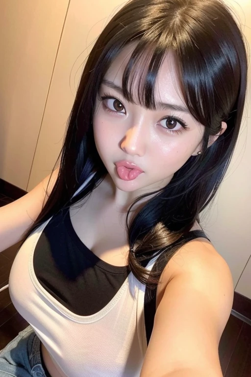 highest quality,masterpiece,Ultra-high resolution,(Realistic:1.4),Beautiful lighting, (Highly detailed CG Unity 8k wallpaper), Beautiful face in every detail,Detailed clothing, 50mm portrait photography, One Girl,Big black eyes, cute, young, Pause, Facial Lighting, Physically Based Rendering,Written boundary depth , Black Hair,Medium Hair,(Serious face), ((Take from above)), Japanese women、20-year-old、camisole、(Big Breasts),Hotel Rooms、Young and beautiful woman taking a selfie, Taken with iPhone camera,(Sticking out a long tongue)