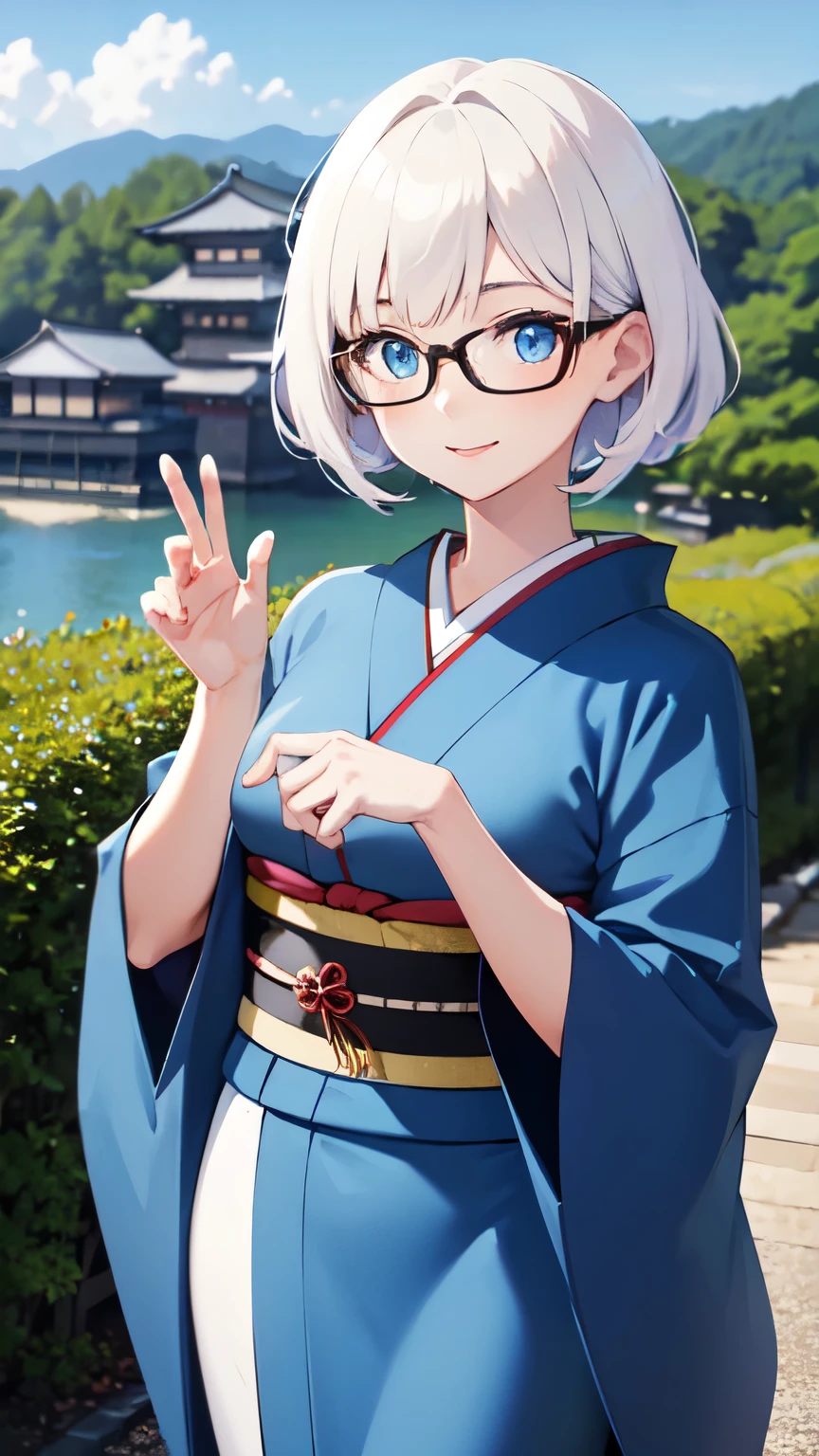 1Lady, white pixie hair, blue eyes, glasses, kimono, traditional japanese, high res, ultrasharp, 8K, masterpiece, looking at viewer, sunny, Japanese scenery