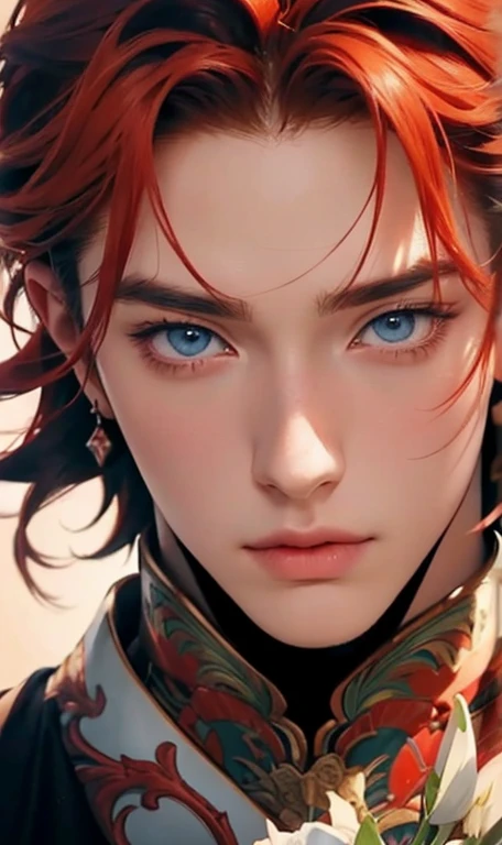 a close up of a person holding a bunch of flowers, orange - haired anime boy, beautiful anime portrait, red haired  boy, high quality portrait, kawaii realistic portrait, cai xukun, anime style portrait, handsome guy in demon slayer art, inspired by Bian Shoumin, tall anime guy with blue eyes, realistic anime art style, highly detailed exquisite fanart