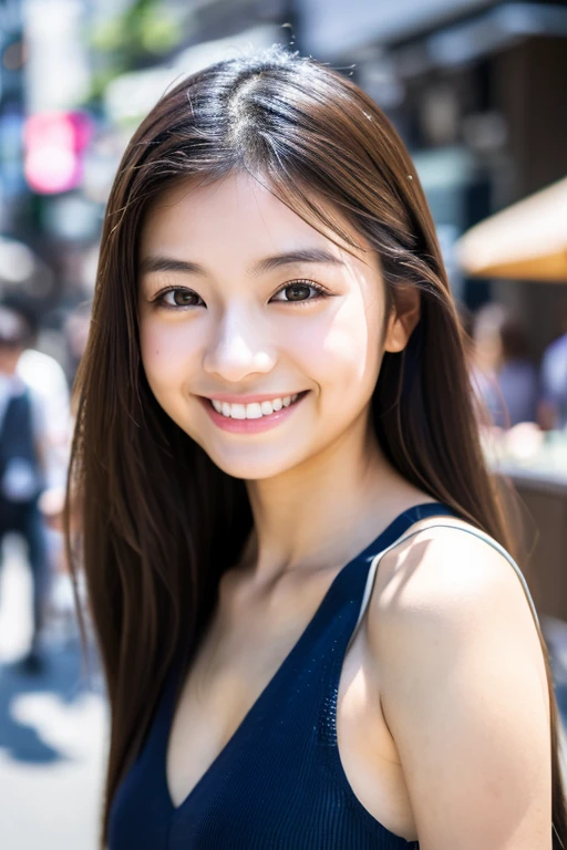 1 girl, Japanese women, Tokyo Street , Streetscape, Upper Body, Facing forward, smile, Very delicate face, double eyelid, Face thinning, (8k, RAW Photos, highest quality, masterpiece:1.2), (Realistic, photo-Realistic:1.37),