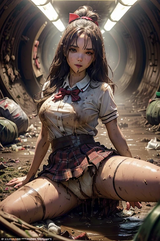 dirty white Pantyhose , School shoes, dirty white socks , waistband of skirt is at the point above chest , school girl mud dirty , red knot , red bow , skirt dark red , plaid skirt , pleated skirt , dirty white Shirt , realisitic、top-quality、crisp photos、((Brick underground tunnel、Foul-smelling sewer、Littered with filth、Sewage channels full of feces、a lot of garbage and junk、The dirtiest sewer))、Bricks are covered with moss、((beautiful a girl、Constricted waist、Neat face、Most beautiful face、Elaborate face、dense dirty brown hair、Refreshing look、Pleasant look、Happy expression、Joy covered in filth、Glad to get dirty))、(dirty school girl uniform、Tangier、brawn hair)、((long and beautiful legs are dirty、Lying face down on filth、Girl with beautiful ass、Scoop out filth with both hands、Beautiful girl's hair is covered in mud、The joy of lying in dirty sewage))、(((I want to smear filth all over my body.、A large amount of sewage flows down the head、The whole body is full of filth、Stick out your buttocks and open your legs、a large amount of dirty garbage and waste,,、Heaps of garbage))