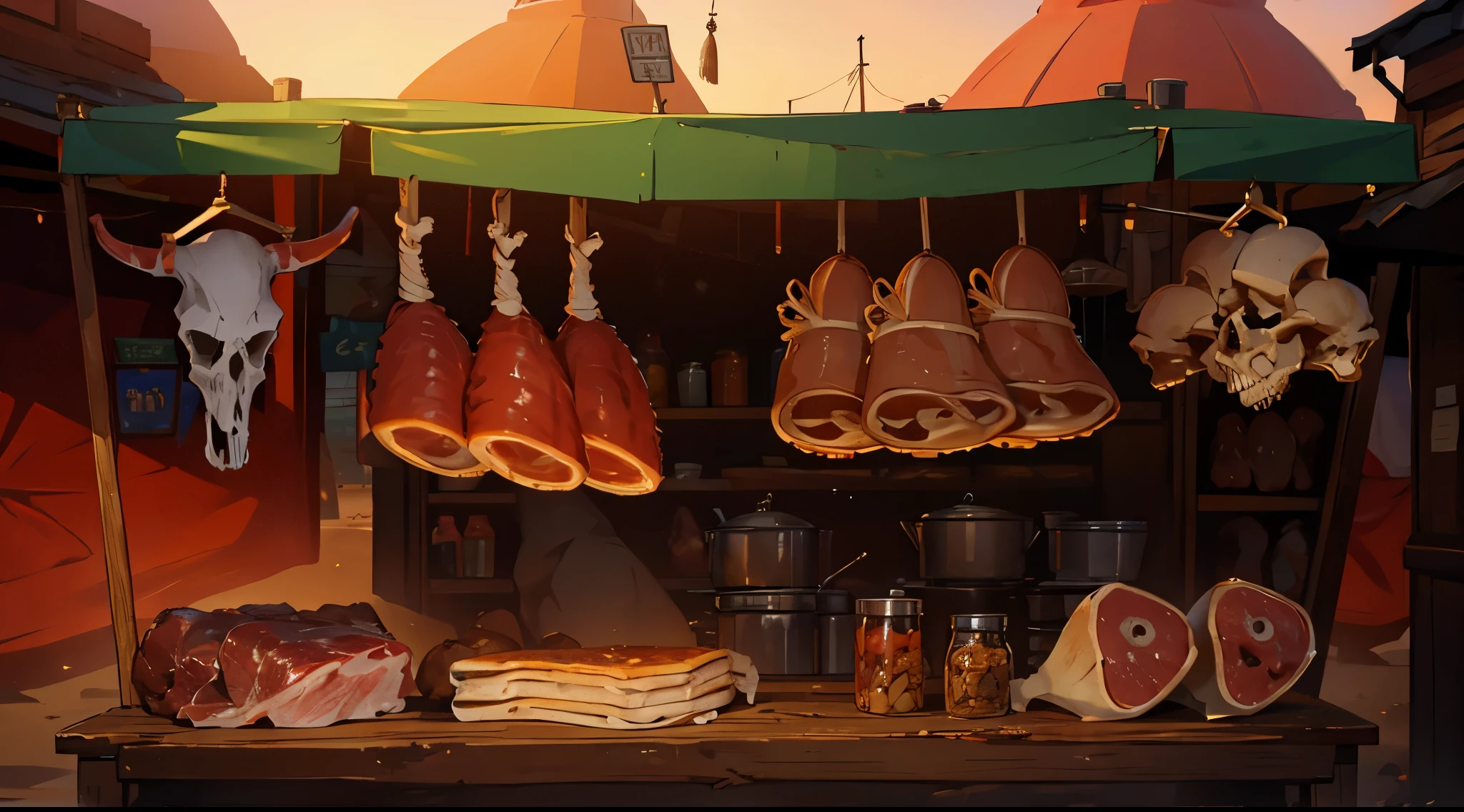 fantasy market, traditional market meat shop, market stalls, (market tents), butchery, hanged animal skull, hanged human skulls, (hanged tied meat), sand ground, (daybreak, early morning, dawn, dark morning), small lantern,