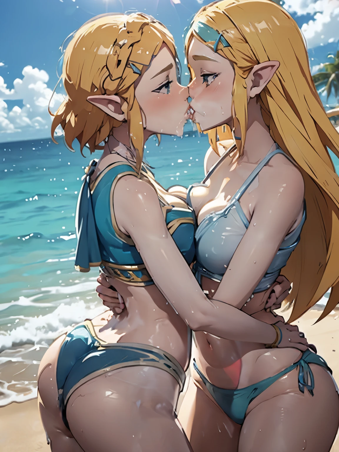 two princess zeldas kissing each other, on beach, in sexy blue bikinis, big breasts, big butt, beachside view, wet