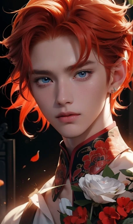 a close up of a person holding a bunch of flowers, orange - haired anime boy, beautiful anime portrait, red haired boy, high quality portrait, kawaii realistic portrait, cai xukun, anime style portrait, handsome guy in demon slayer art, inspired by Bian Shoumin, tall anime guy with blue eyes, realistic anime art style, highly detailed exquisite fanart