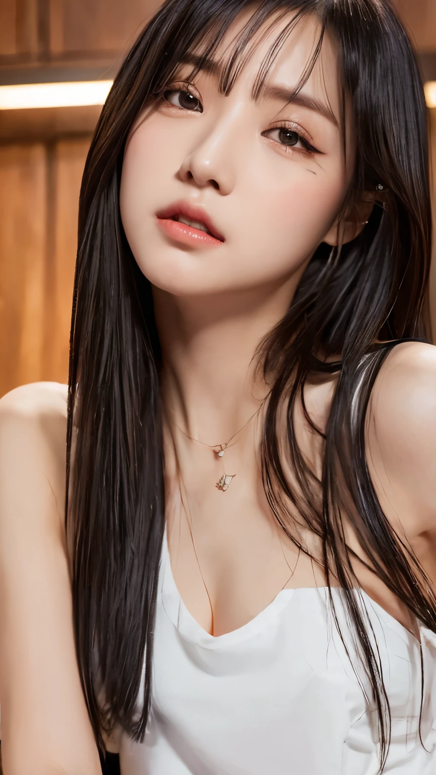 highest quality、((black long hair))、((Black eyes))、straight hair、perfect face、beauty woman、looking at the viewer、(small eyes)、(narrowed eyes)、drooping eyes、From front、((realistic))、((neat and clean))、((Feminine))