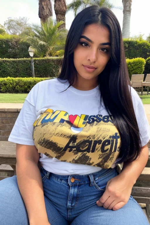 ((best quality)), ((masterpiece)), (detailed), perfect face, beautiful arab women , brown eyes , black hair , heavy chest size, curvy body, wearing t shirt , blue baggy jeans, sitting , distance from camera