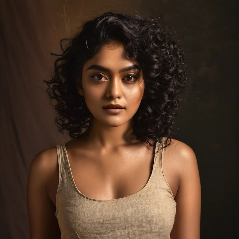 Looks like mrunal thakur, a photo portrait of a beautiful girl with curls, styled black hair, (face portrait:1.5), dramatic light, Rembrandt lighting scheme, bust shot, linen tank top , top quality editorial photograph, skin texture, skin pores, chocolate skin, high quality skin, top quality photography, professional photography, professional retouching, insane detailing, warm moody tones,