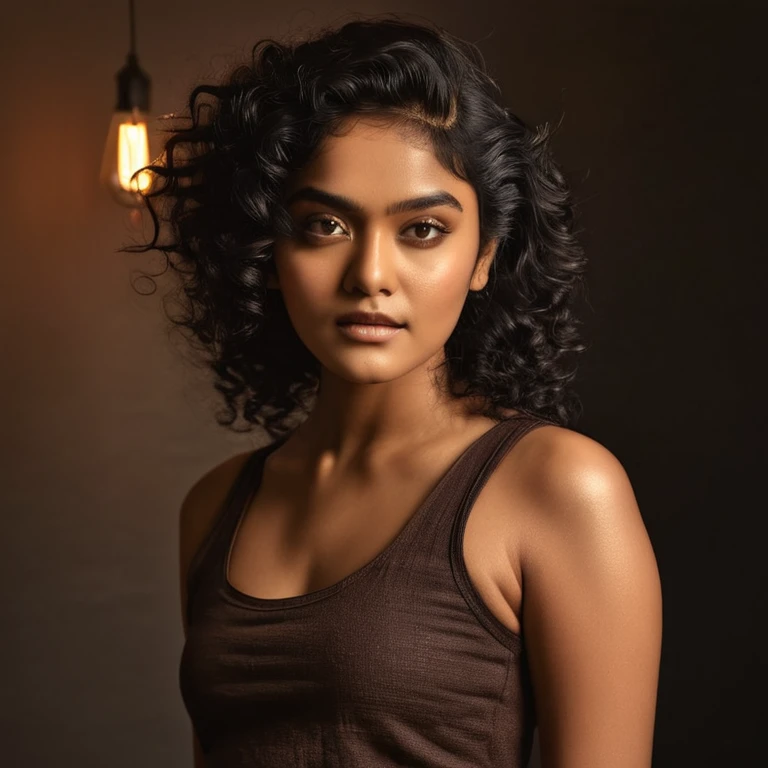 Looks like mrunal thakur, a photo portrait of a beautiful girl with curls, styled black hair, (face portrait:1.5), dramatic light, Rembrandt lighting scheme, bust shot, linen tank top , top quality editorial photograph, skin texture, skin pores, chocolate skin, high quality skin, top quality photography, professional photography, professional retouching, insane detailing, warm moody tones,