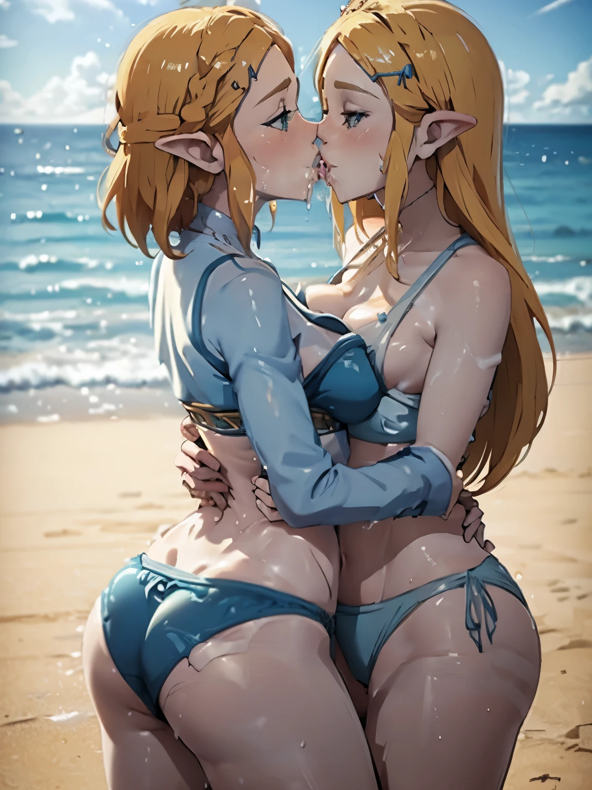 two princess zeldas kissing each other, on beach, in sexy blue bikinis, big breasts, big butt, beachside view, wet