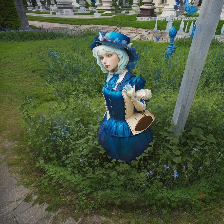 There is a statue of a woman wearing a blue dress and hat., Highly artistic, Very artistic, Strange works of art, A wonderful masterpiece, Unusual configuration, Very neat, Public Art, Amazing details, Masterpiece of Art, Wooden statue, giant alice in wonderland, Small stature, Very consistent image, A wonderful masterpiece, Unknown painter, Artist Unknown, random detail