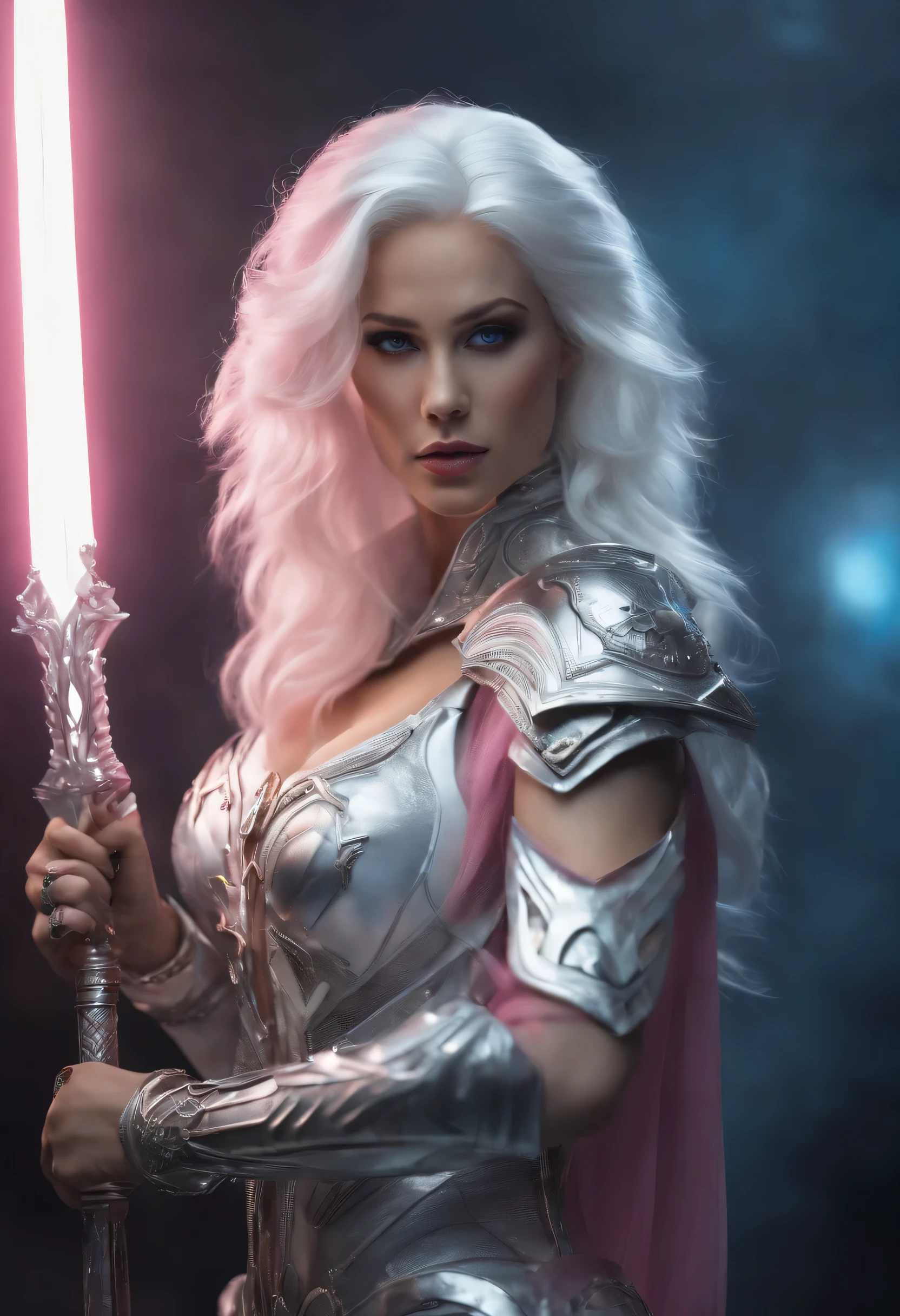 Do you want an image of a woman in a completely transparent outfit that is close to her body, that has white hair with pink highlights and that she is white, with very large blue eyes, holding her white weapon with black sides, and that means more, be it Hollywood effect and whoever else in 4K Ultra realistic as real as possible that is close to reality the most real image in the world and that she is full body with her clothes torn