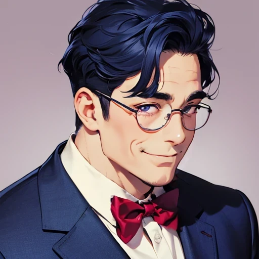 bust shot, front view, middle aged man, 60 years old , navy blue hair, round glasses, Purple suit, red bow tie, round face shape, plump body type, purple eyes, light smile