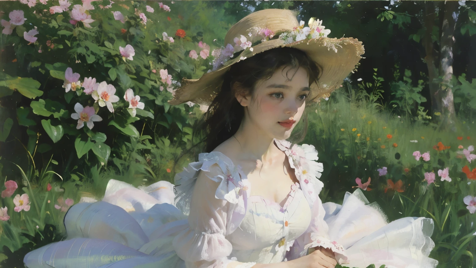 (masterpiece, highest quality:1.2), ((cattleya garden))、(((cattleya, solo, 3-flowers, close-up, full body, full bloom, nature, habitat, )))、(((One Woman、White Dress)))、Soft Focus、Blur the background、Impressionist style、Sargent&#39;s watercolor style、