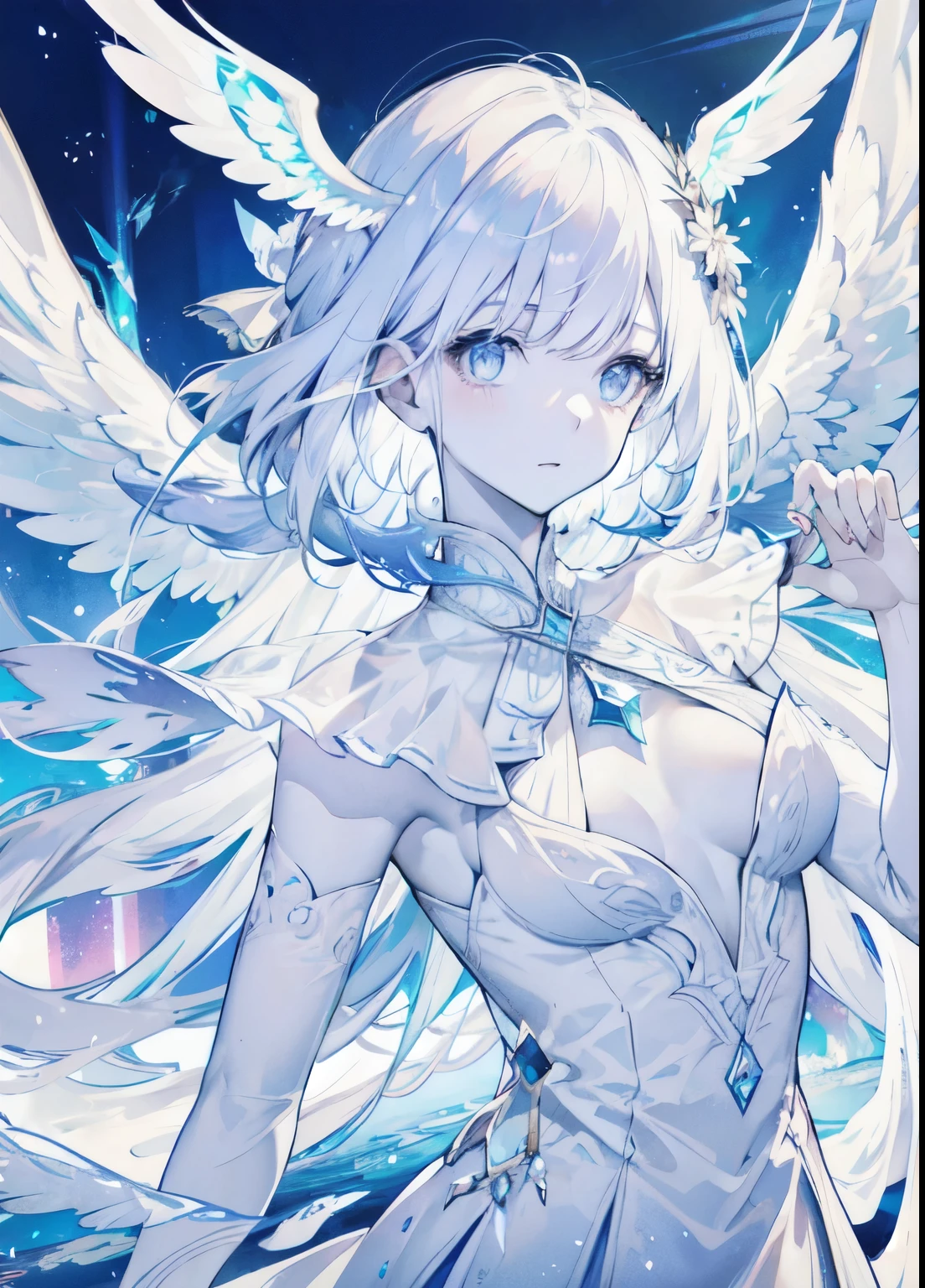An angel is depicted with a pale and luminous complexion, their skin seemingly glowing with an otherworldly radiance. They are adorned with a pair of sparkling and graceful wings, symbolizing their divine nature. The scene is ethereal and enchanting, capturing the beauty and mystery of these celestial beings. angel, pale, luminous, complexion, glowing, otherworldly, radiance, sparkling, graceful, wings, divine, ethereal, enchanting, beauty, mystery.upper body