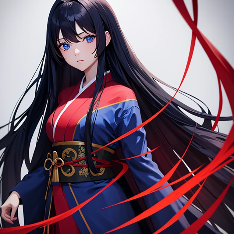 beautiful girl with long black flowing hair, blue eyes, in a red and blue kimono