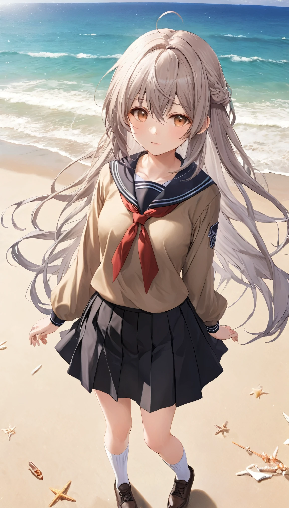 ((masterpiece)), ((highest quality)), ((High resolution)), ((Highly detailed CG Unity 8k wallpaper)), alone, tachibana kanade, Brown uniform, Black Skirt, White socks, Outdoor, face, Beach, Hanging hair, Parted hair, Silver Hair