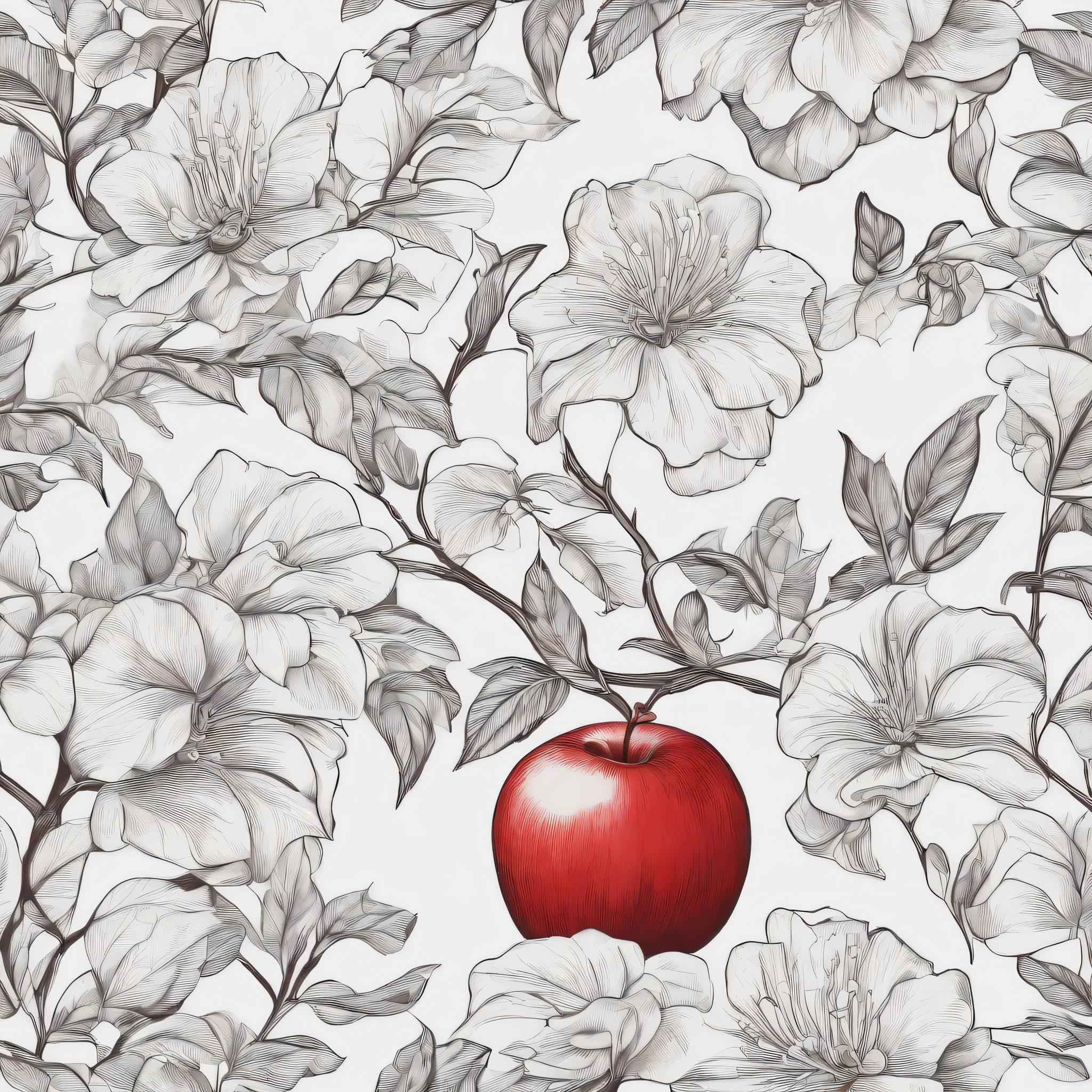 A blooming apple, 2d，in a garden, Simple，Hand-drawn draft，No coloring required，There are pressure-sensitive line drawings，The edge line is thicker