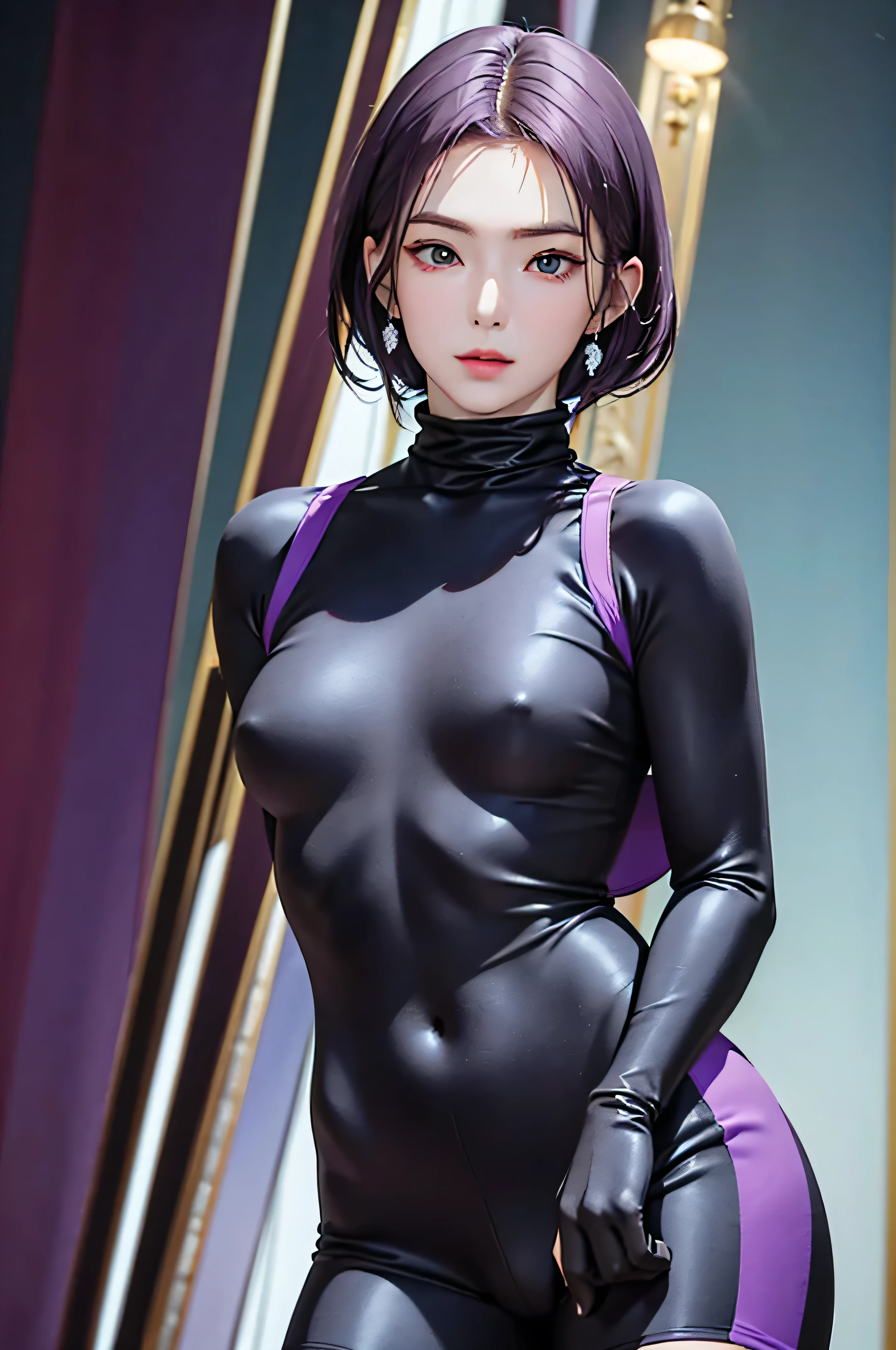(Finest quality)),(A high resolution),(ultra-detailed art),(Meticulous portrayal),((Best Anime)),(Finest works of art),sharpness,Clear,Ultra-Precision Art,The art of astounding depiction,((female ninja)),(masterpiece),
earings,
short Hair, purple hair, vibrant purple hair, extremely detailed hair, detailed bangs, with bangs, shoulder-length hair only,
pretty face, beautiful lips, soft lips,pretty face, close up face,serious face, pretty nose, beautiful nose,
pretty eyes, beautiful eyes, detailed eyes, perfect eyes, green eyes,
happy face, jolly face, perfect smile,
clear skin,white skin, soft skin, small bust, smooth skin,
korean girl, korean beauty, irene, red velvet irene,
ninja, female ninja, ninja clothing, detailed ninja clothing, ninja armor, ninja suit, turtle neck, short sleeves, arm sleeves, expose upper arm, dark shorts, cycling shorts, safety shorts, gloves,
looking at camera,
standing, cool pose, hide breasts, full body, whole body,show navel,
super low-angle shot, looking down, no background,looking at camera,
detailed skin, slim body,