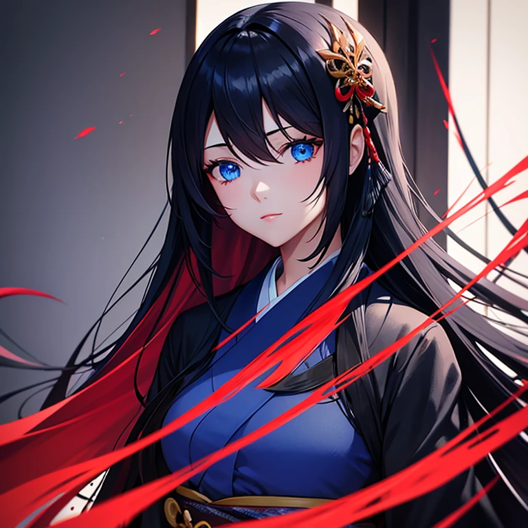 beautiful girl with long black flowing hair, blue eyes, in a red and blue kimono