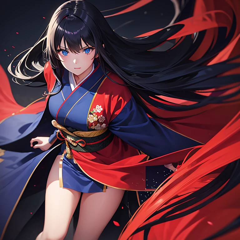 beautiful girl with long black flowing hair, blue eyes, in a red and blue kimono